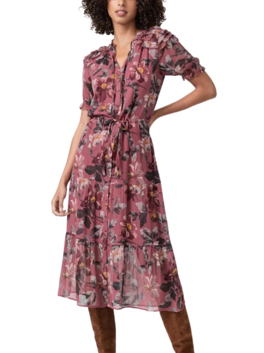 PAIGE Mauve Floral Tie-Waist Midi Dress